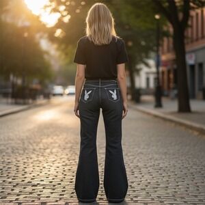 Rare Y2K VTG Playboy Jeans Women's Black Flare Embroidered Bunny Logo size 9/10